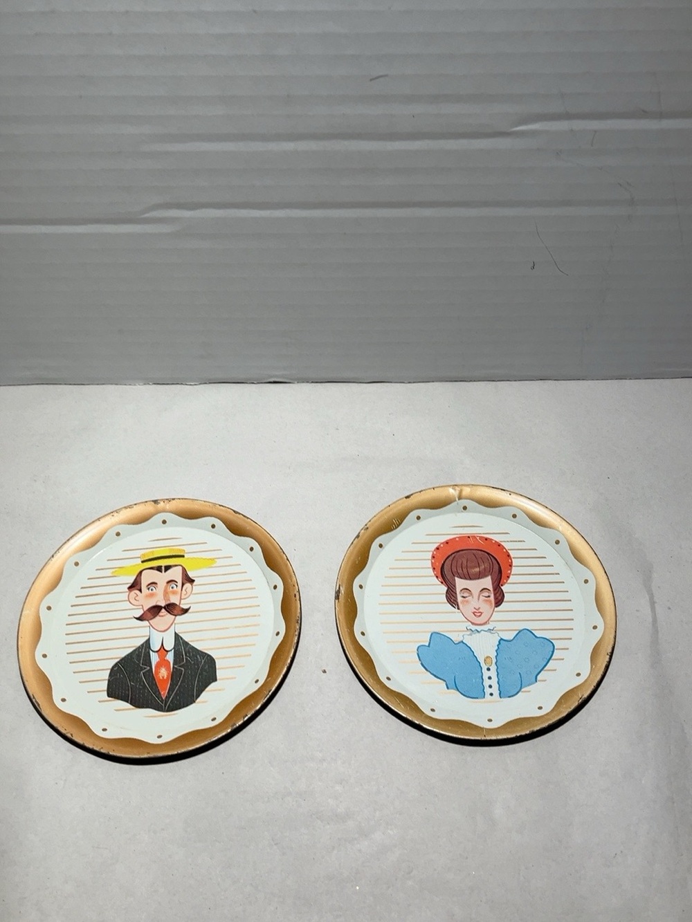 Vintage Tin Litho Wall Plaques Victorian Man Woman Portraits 5” Set of 2